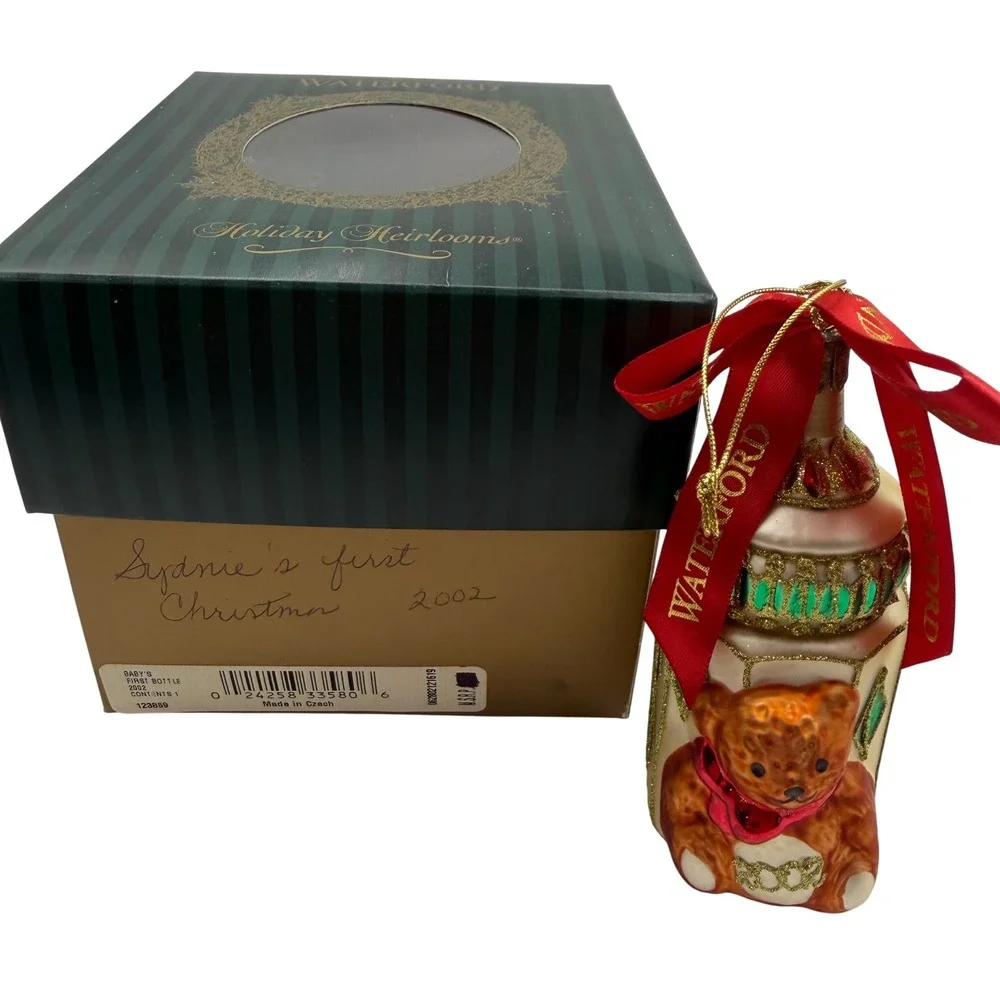 Waterford Holiday Heirlooms 2002 Baby's First Bottle Glass Ornament Teddy Bear